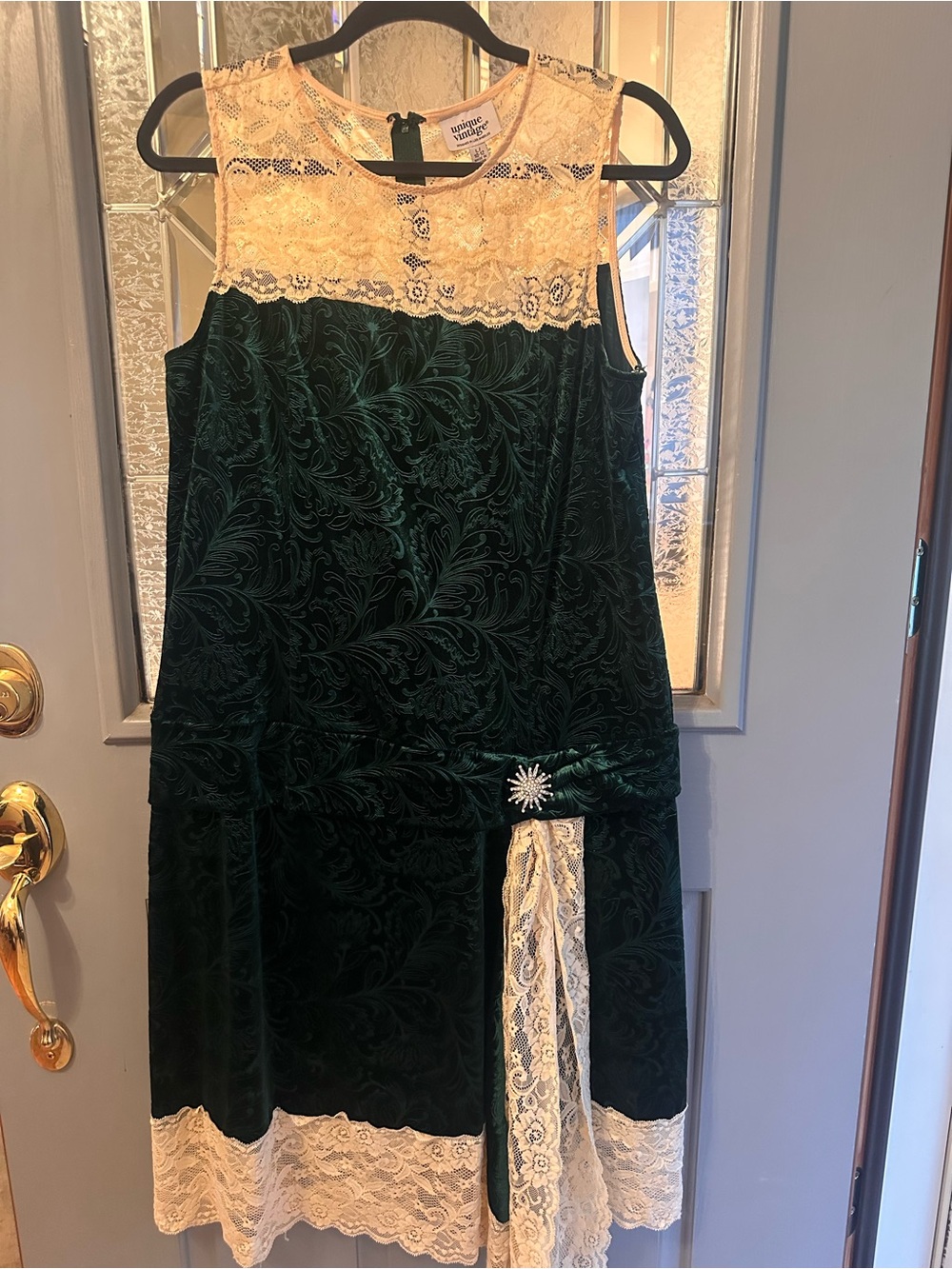 Unique Vintage Emerald Green Velvet Dress with Ivory Lace